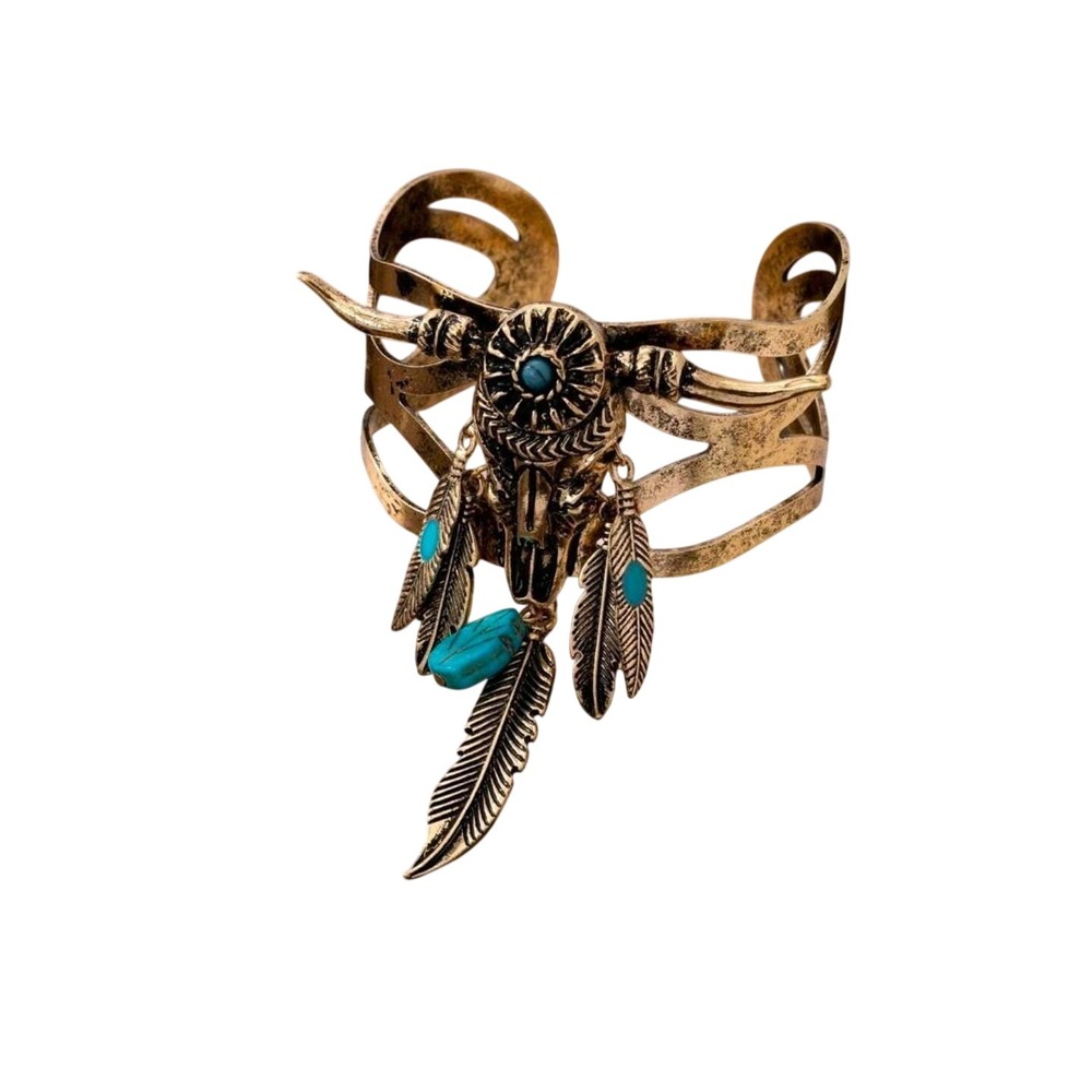 Boho Bull Skull Feather Turquoise Cuff Bracelet Gold Tone Women‎
